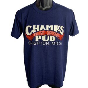 Vintage 80s Champs Pub Crewneck T Shirt M Blue Single Stitch Russell Eagle Tag